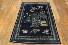 1920s Navy Vase Floral Antique Chinese Baotou Scholars Carpet 4'x 5'10" Wool Rug