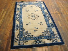 1900s Ivory Floral Medallion Antique Chinese Peking Rug 4'3"x6'6" Wool Carpet