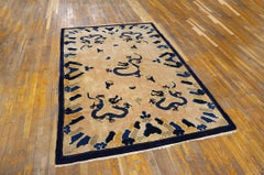 Vintage 1980s Salmon Blue Gray Chinese Peking Dragon Carpet 5'2" x 8' Wool Rug