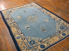 1900s Blue Vase Floral Antique Chinese Peking Rug 6'0" x8'6" Knotted Wool Carpet