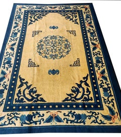 1920s Beige Medallion Antique Chinese Peking Knotted Room Size Carpet Rug