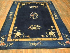 1930s Navy Floral Antique Chinese Peking Rug 6'4" x 8'8" Knotted Wool Carpet