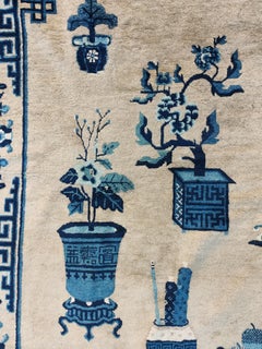 1930s Antique Beige Medallion Chinese Peking 100 Antiques Knotted Wool Rug