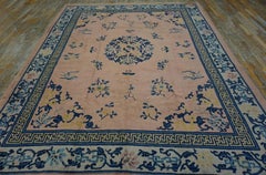 1930s Pink Rose Medallion Antique Chinese Peking Knotted Wool Rug Carpet