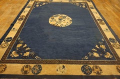 1920s Navy Field Medallion Floral Greek Key Antique Chinese Peking Rug