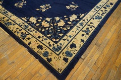 1920s Navy Blue Antique Floral Deco Peking Knotted Wool Rug