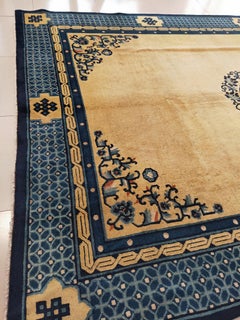 1890s Beige Open Field Medallion Antique Chinese Peking Handknotted Wool Rug
