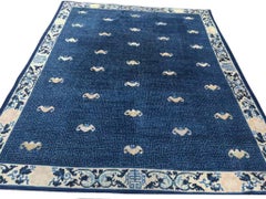 1880s Navy Blue Antique Chinese Peking Rug 8'2" x 9'6" Ivory Bat Motifs