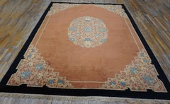 1920s Orange Open Fields Medallion Antique Chinese Peking Knotted Wool Rug