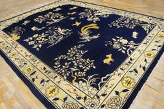 1880s Blue Navy Open Field Chinoiserie Pattern Antique Chinese Peking Rug