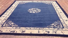 1880s Blue Medallion Antique Chinese Peking Carpet 9' x 11' 6" Knotted Wool Rug