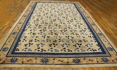 1930s Ivory Floral Deco Antique Chinese Peking Carpet 9'x14'6" Knotted Rug Wool