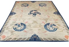 1880s Ivory Blue Coral Antique Chinese Peking Dragon Rug 9'2"x11'8" Wool Carpet