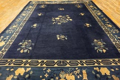 1920s Blue Navy Vase Floral Antique Chinese Peking Carpet Knotted Wool Rug