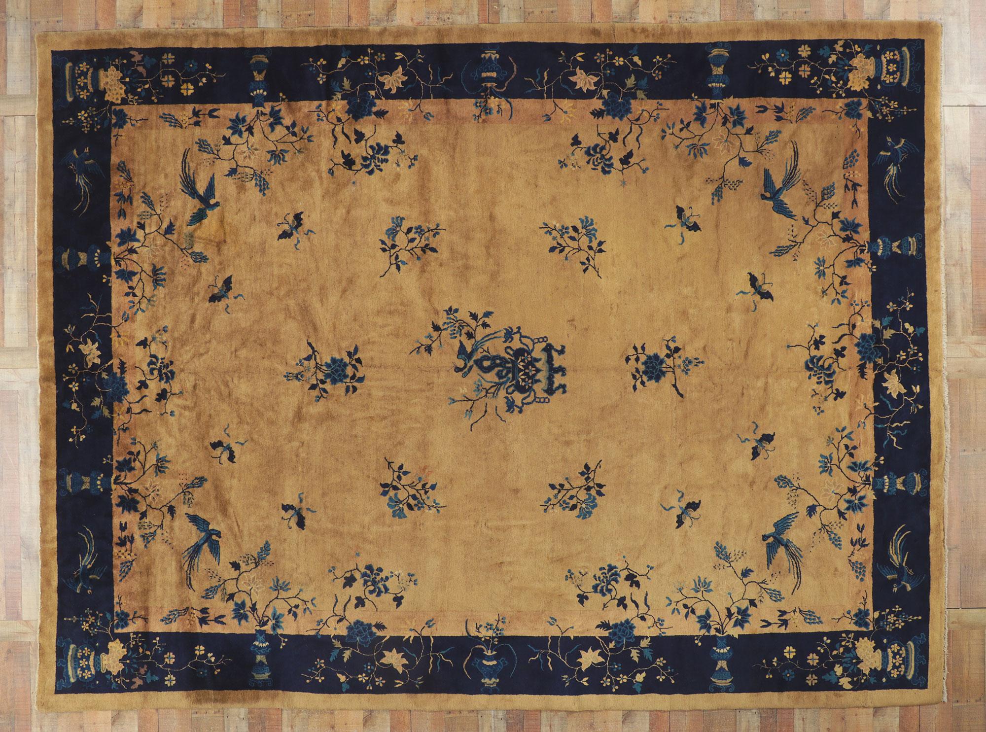 Wool Antique Chinese Peking Rug, Chinoiserie Chic Meets Regal Decadence For Sale