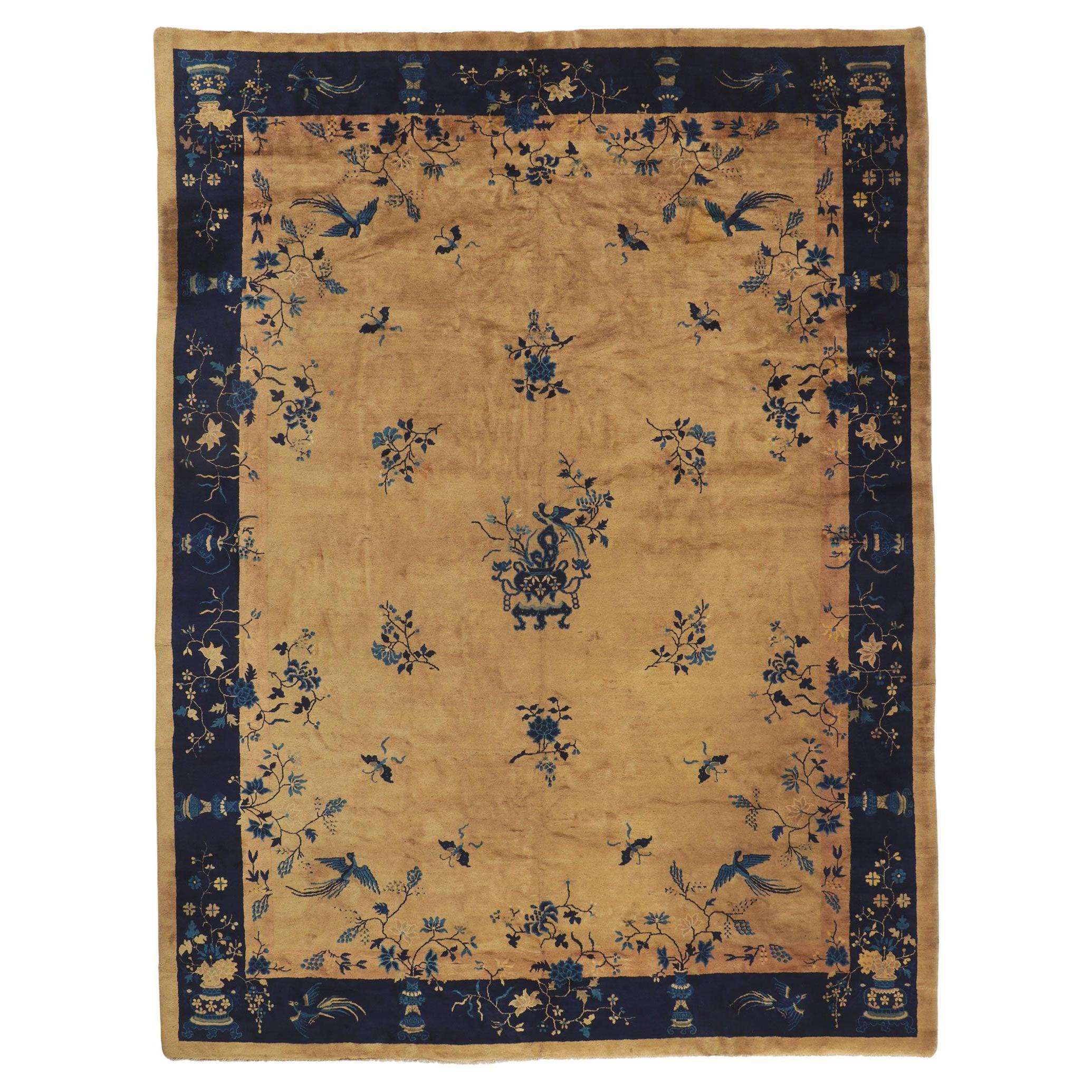 Antique Chinese Peking Rug, Chinoiserie Chic Meets Regal Decadence For Sale