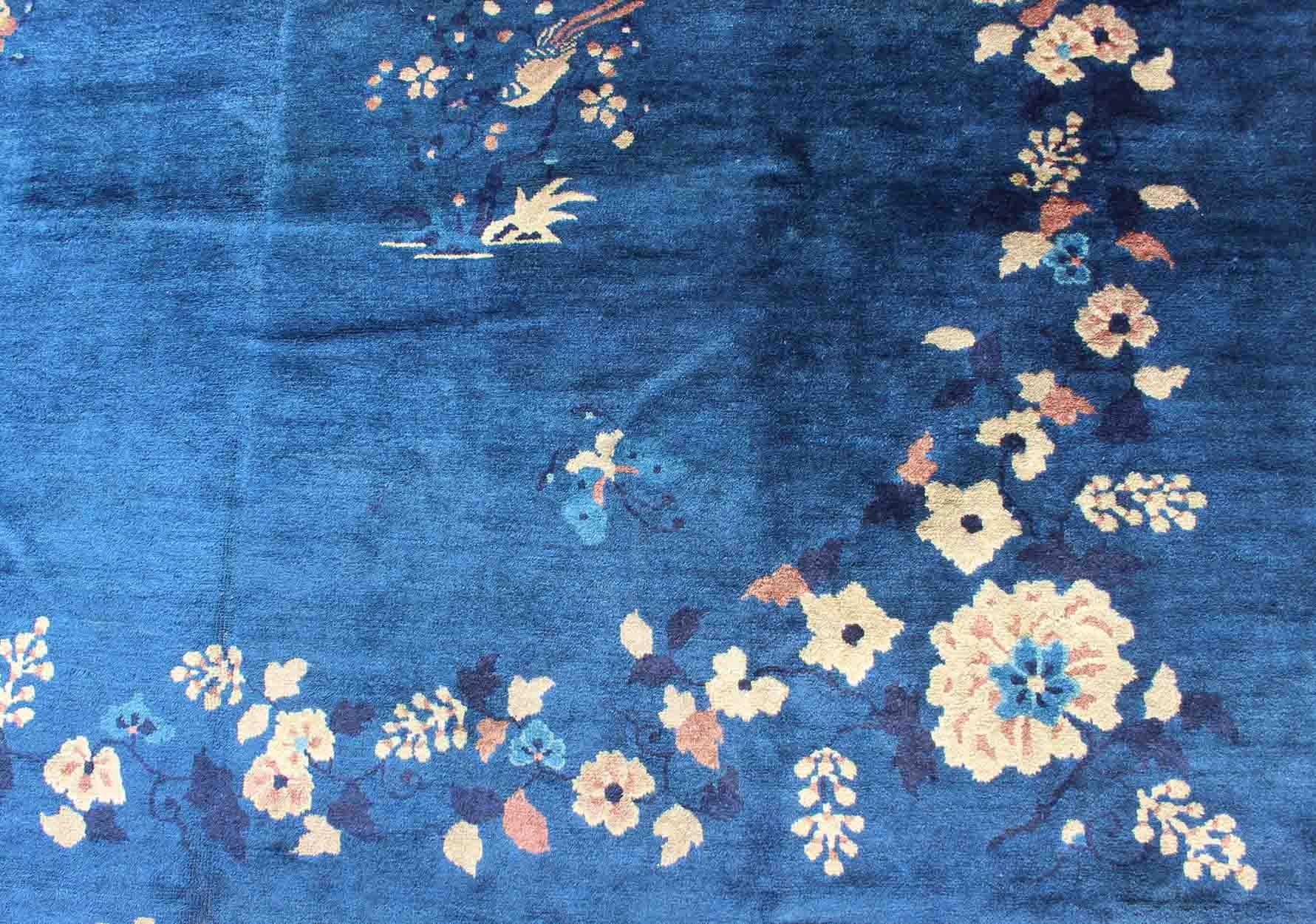 Antique Chinese Peking Rug in Navy Blue with Medallion Flower Vases and Vines  For Sale 4