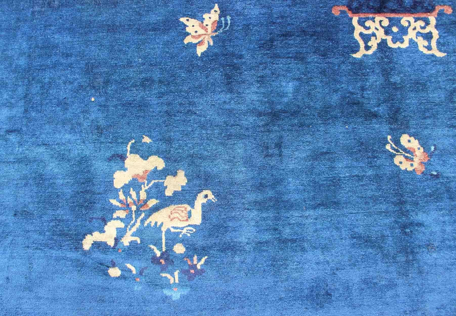 Antique Chinese Peking Rug in Navy Blue with Medallion Flower Vases and Vines For Sale 5