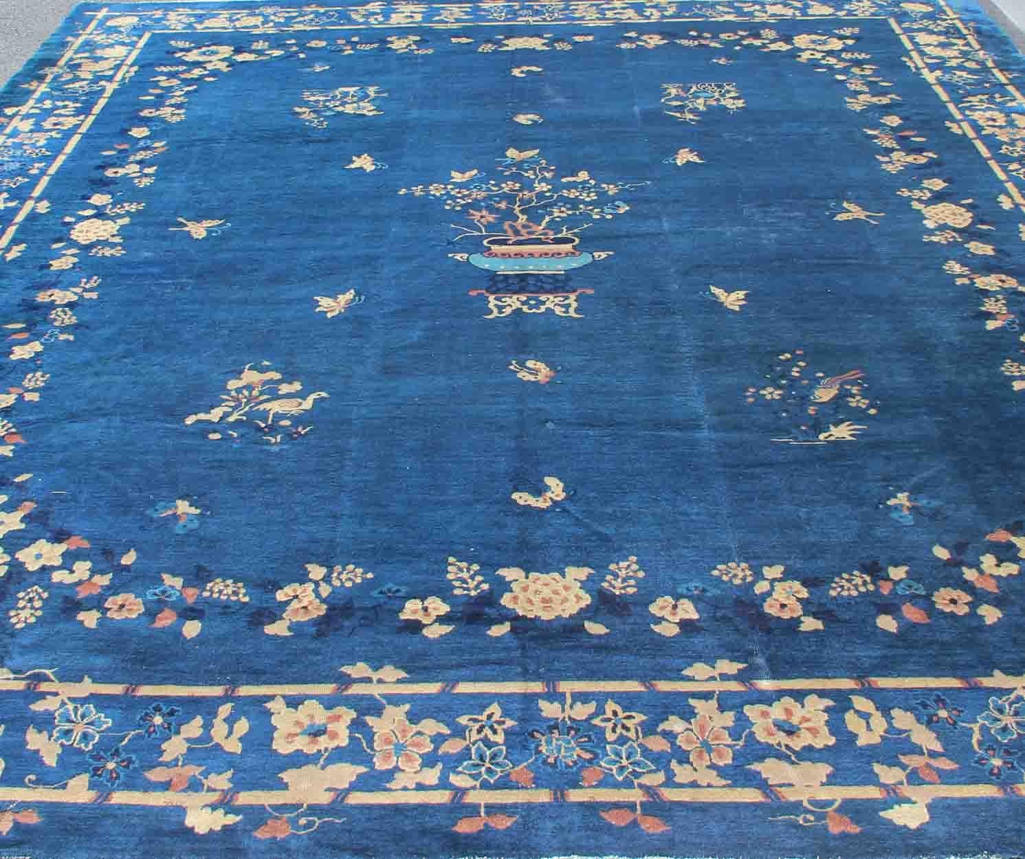 Antique Chinese Peking Rug in Navy Blue with Medallion Flower Vases and Vines  For Sale 7
