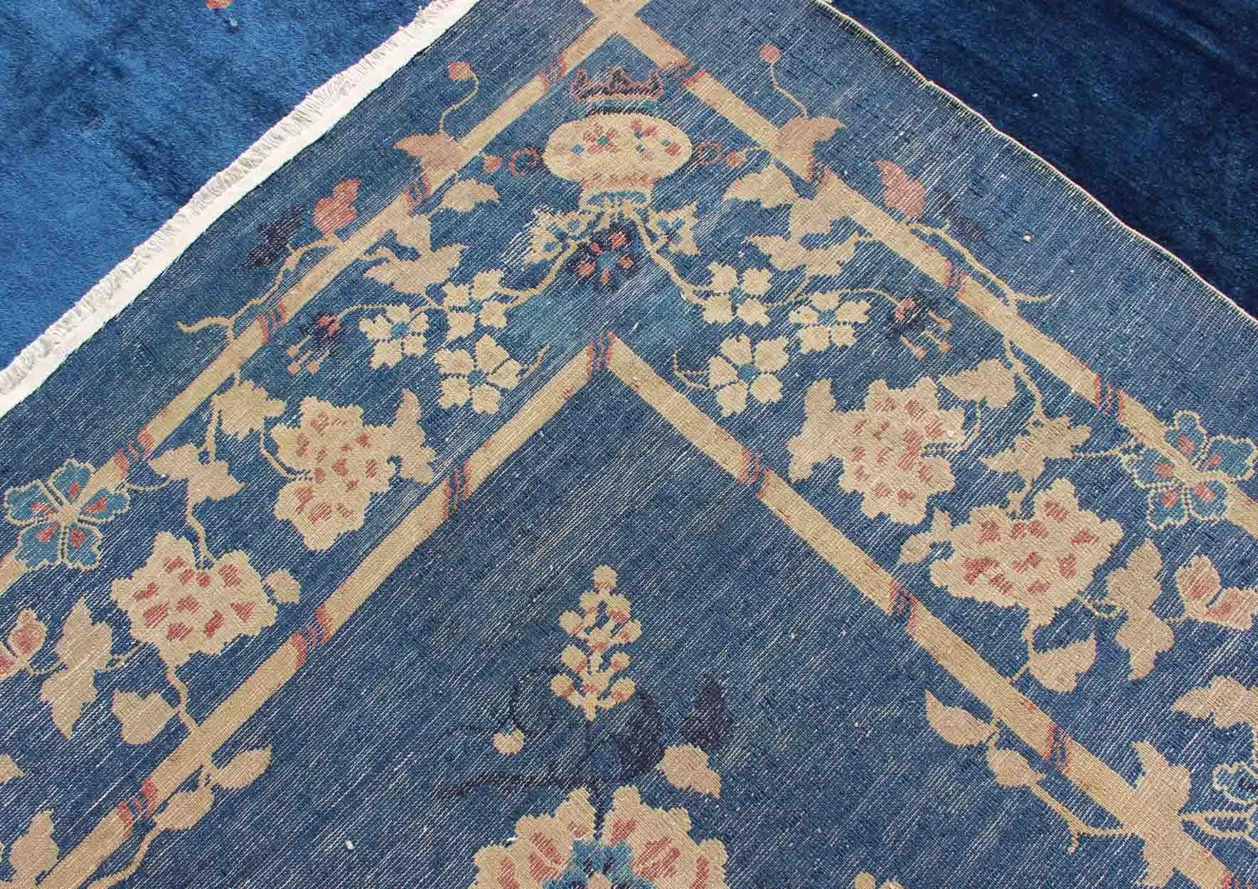 Antique Chinese Peking Rug in Navy Blue with Medallion Flower Vases and Vines  For Sale 8