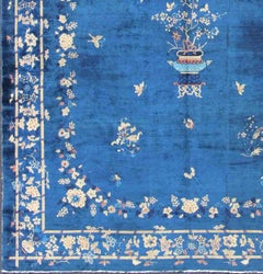 Antique Chinese Peking Rug in Navy Blue with Medallion Flower Vases and Vines