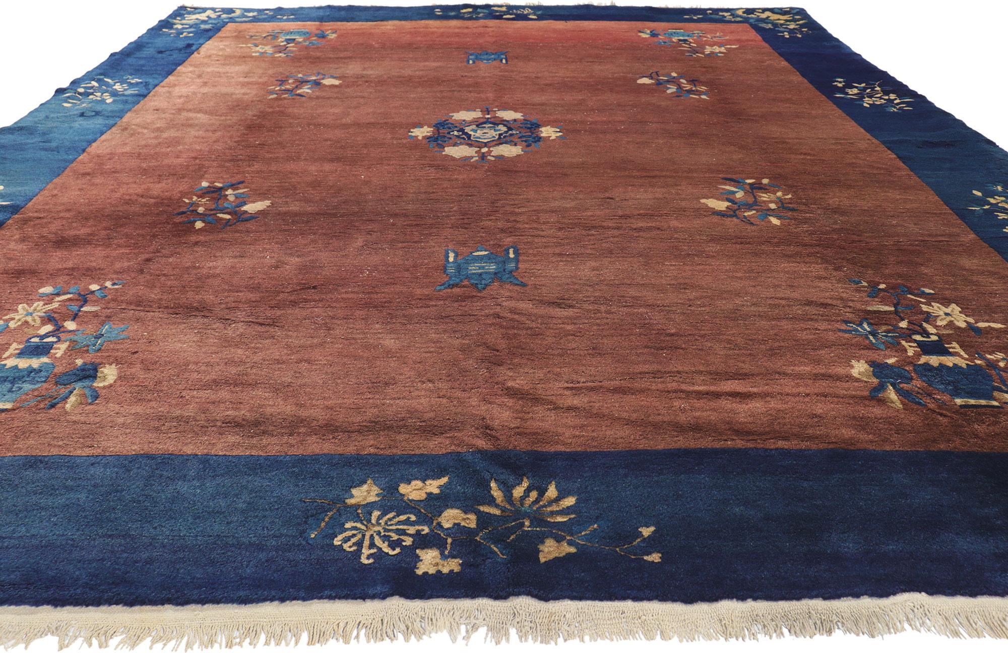 Chinoiserie Antique Chinese Peking Rug, Chinoierie Chic Meets Earth-Tone Elegance For Sale