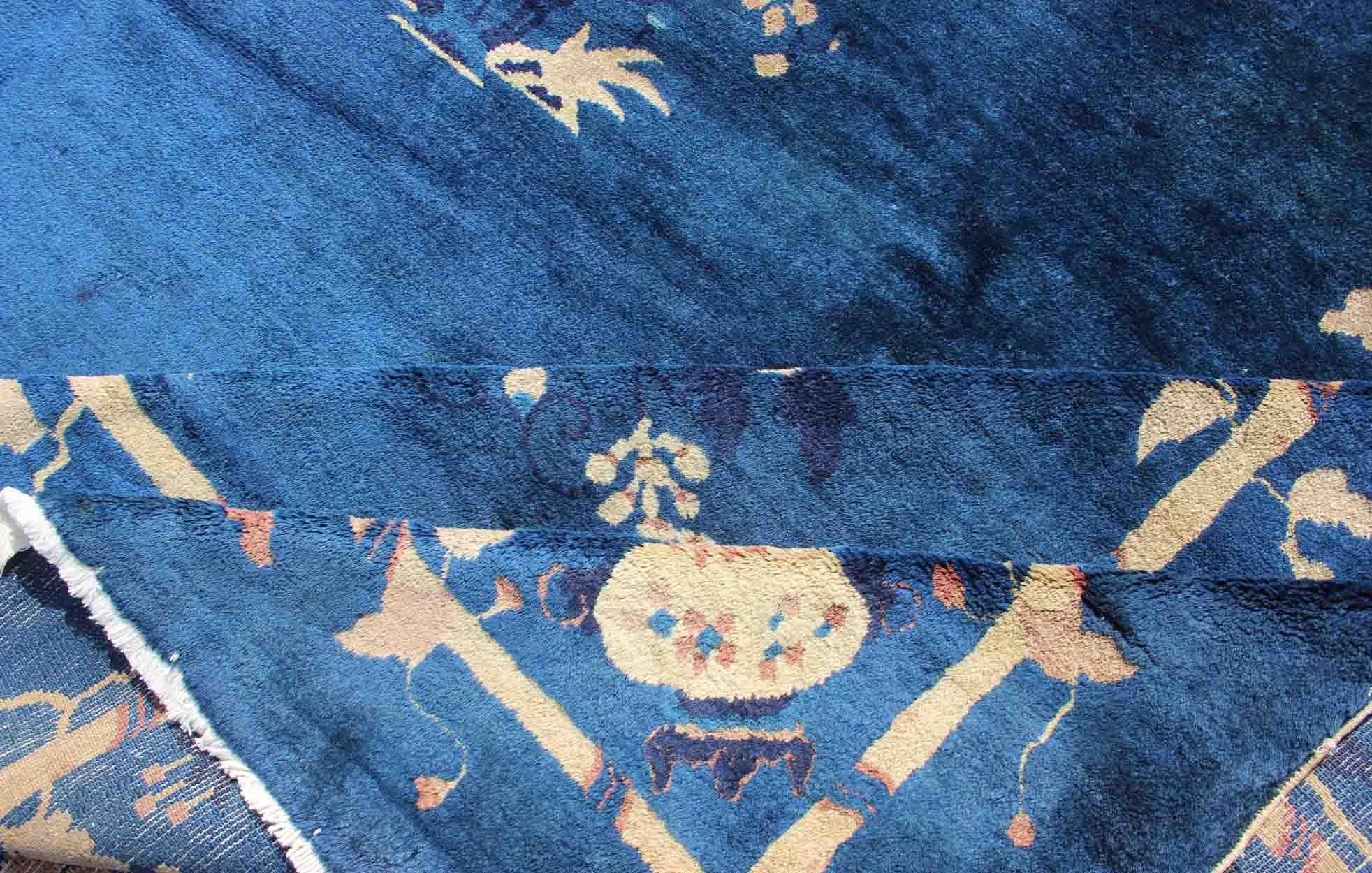 Antique Chinese Peking Rug in Navy Blue with Medallion Flower Vases and Vines  In Good Condition For Sale In Atlanta, GA