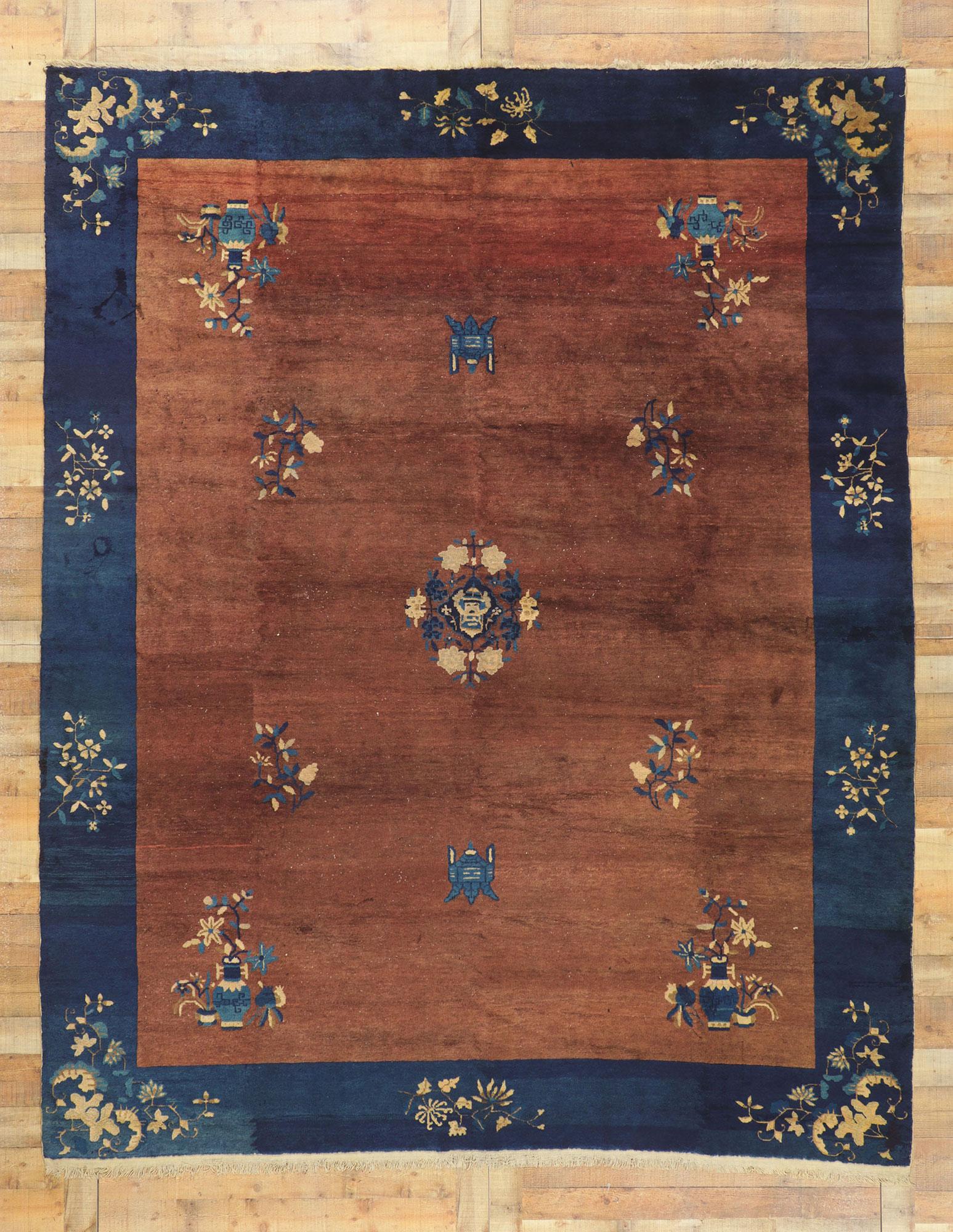 Hand-Knotted Antique Chinese Peking Rug, Chinoierie Chic Meets Earth-Tone Elegance For Sale