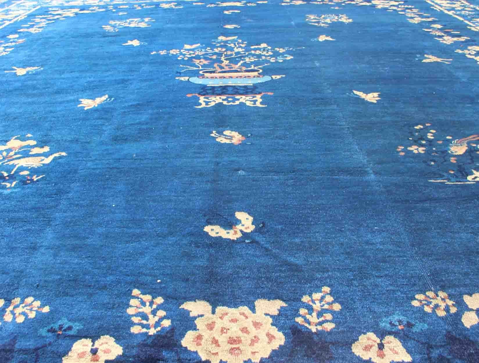 19th Century Antique Chinese Peking Rug in Navy Blue with Medallion Flower Vases and Vines  For Sale