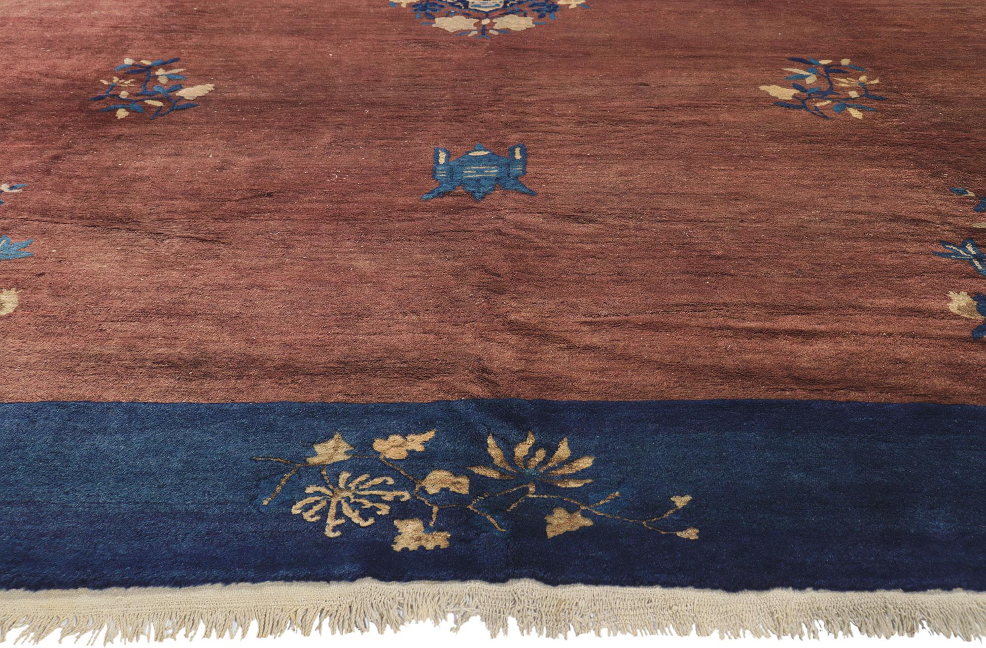Antique Chinese Peking Rug, Chinoierie Chic Meets Earth-Tone Elegance In Good Condition For Sale In Dallas, TX
