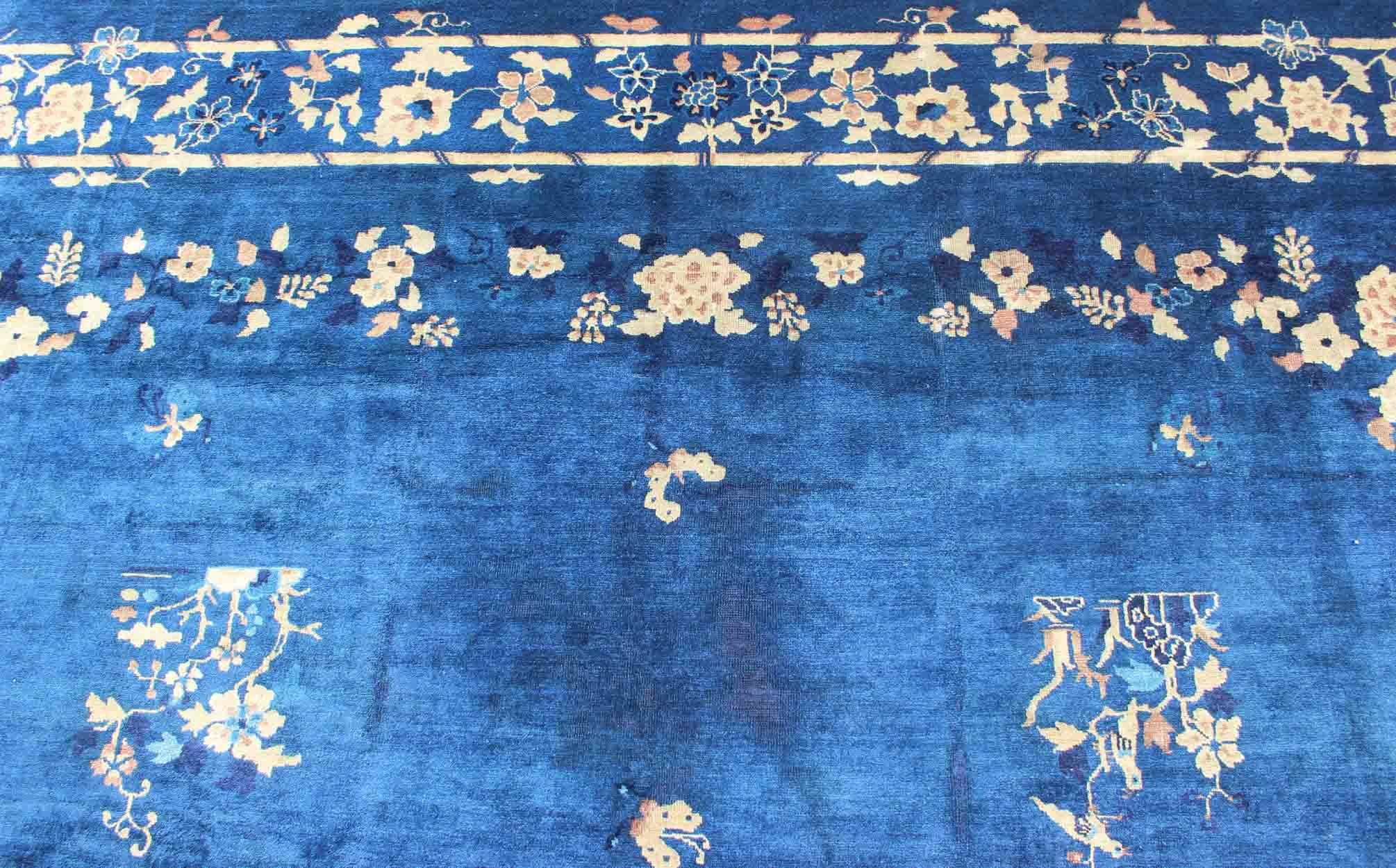 Antique Chinese Peking Rug in Navy Blue with Medallion Flower Vases and Vines  For Sale 1