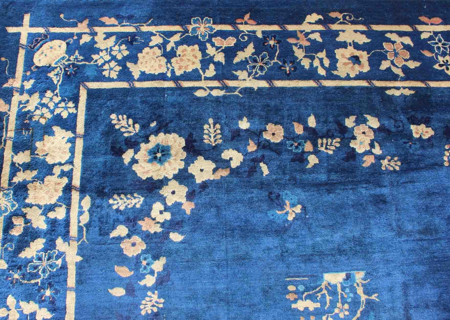 Antique Chinese Peking Rug in Navy Blue with Medallion Flower Vases and Vines  For Sale 2