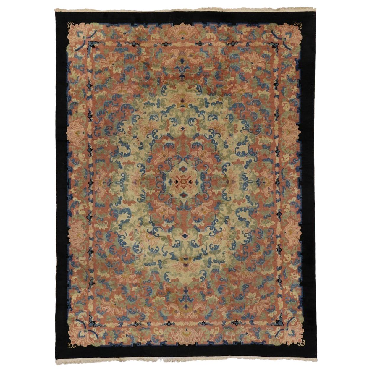 Antique Chinese Peking Rug with Romantic French Country Style