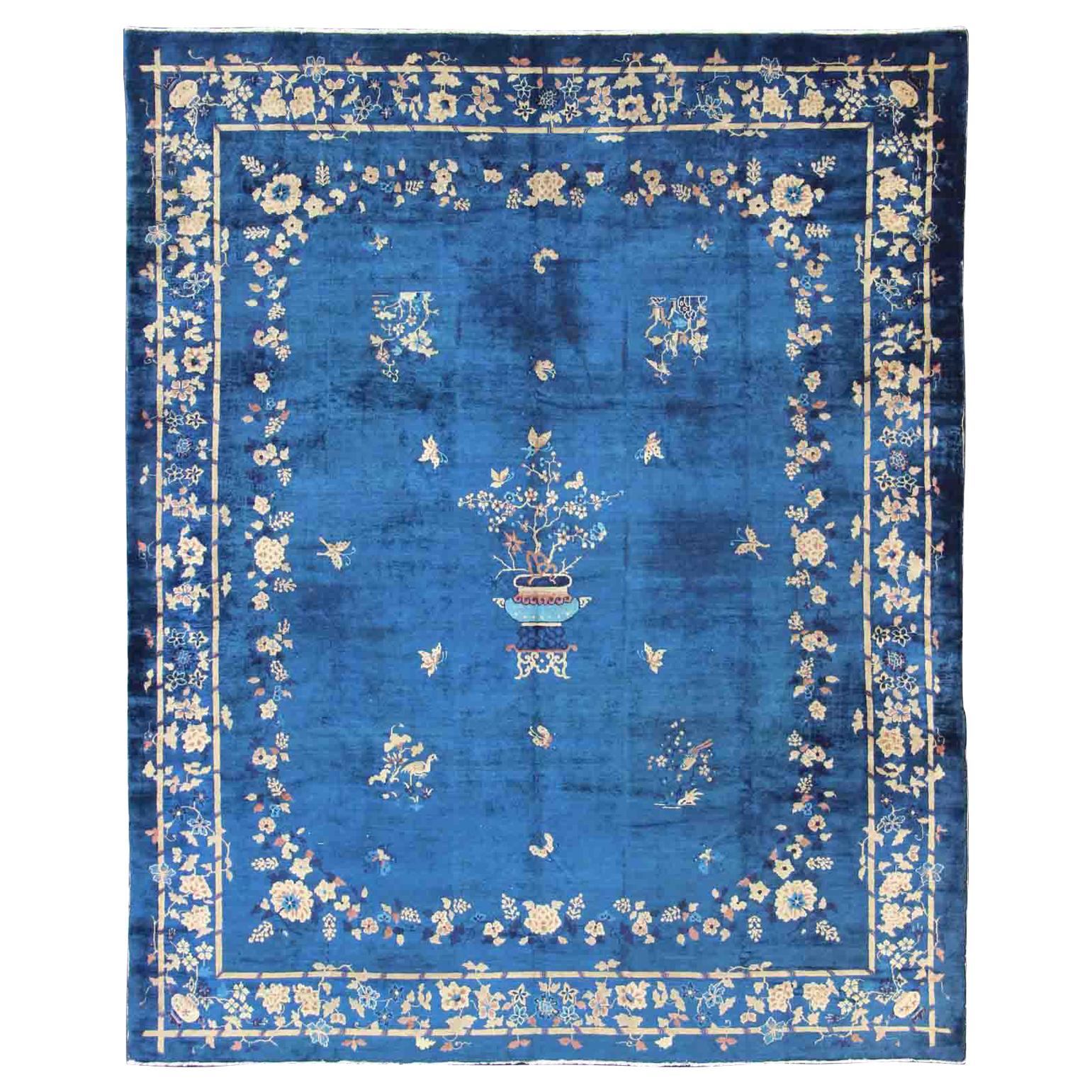 Antique Chinese Peking Rug in Navy Blue with Medallion Flower Vases and Vines 