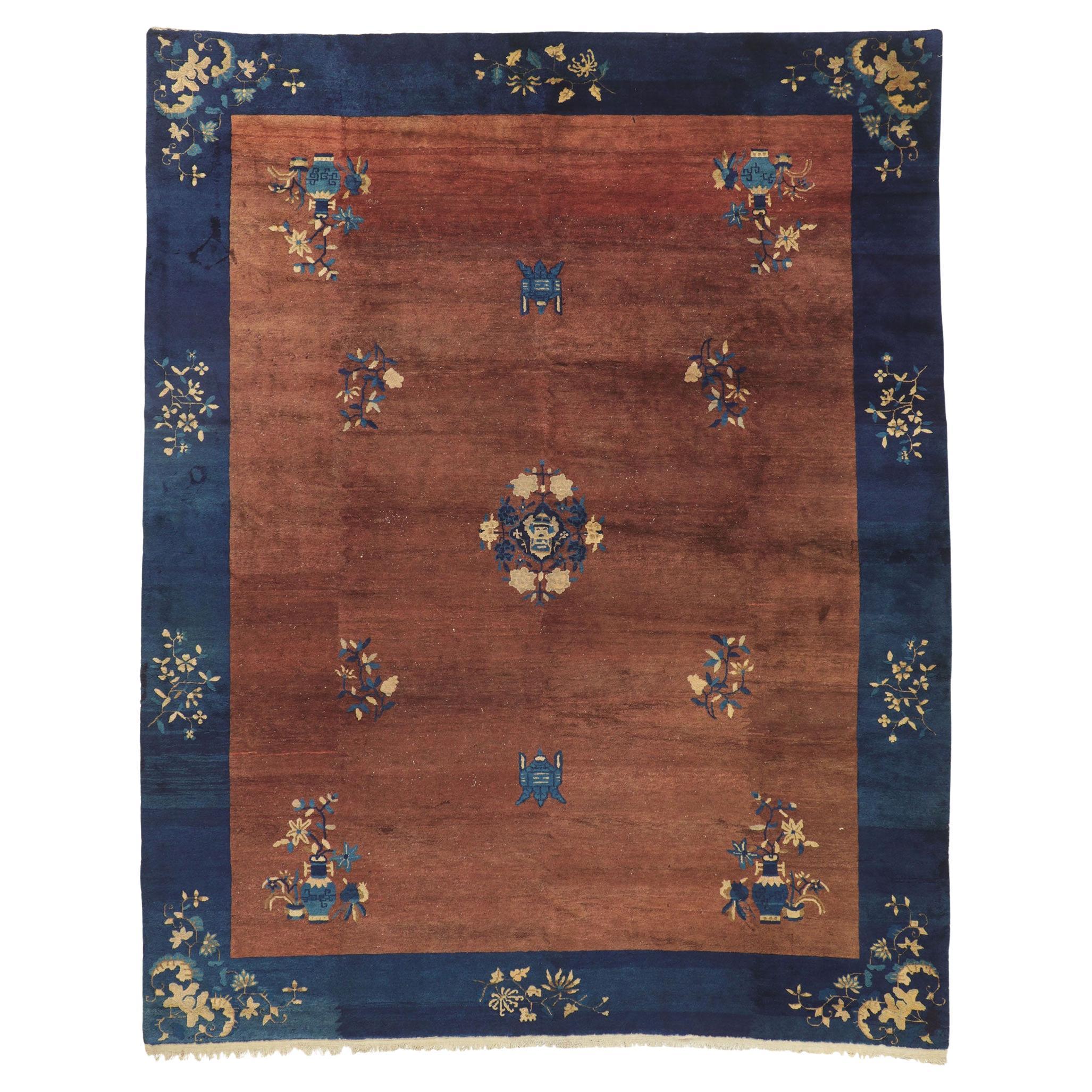 Antique Chinese Peking Rug, Chinoierie Chic Meets Earth-Tone Elegance For Sale