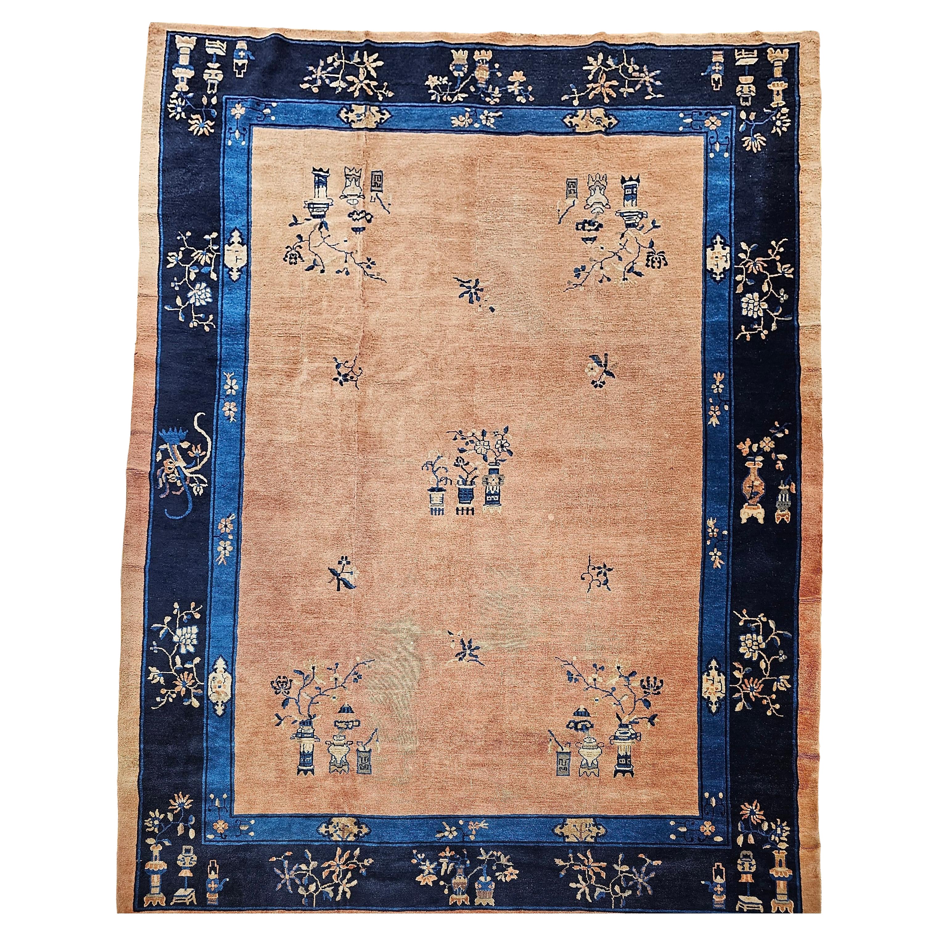 Antique Chinese Peking Rug, Hand-Knotted Wool, Pale Peach, 9' x 12'