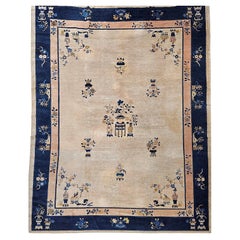 Tappeto cinese antico di Pechino, annodato a mano con pelo in lana, color beige chiaro e blu, 9' x 12'
