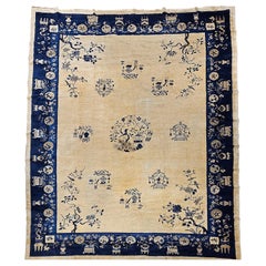 Antique Chinese Peking Rug, Hand-Knotted Wool Pile, Tan Field, 10' x 13'