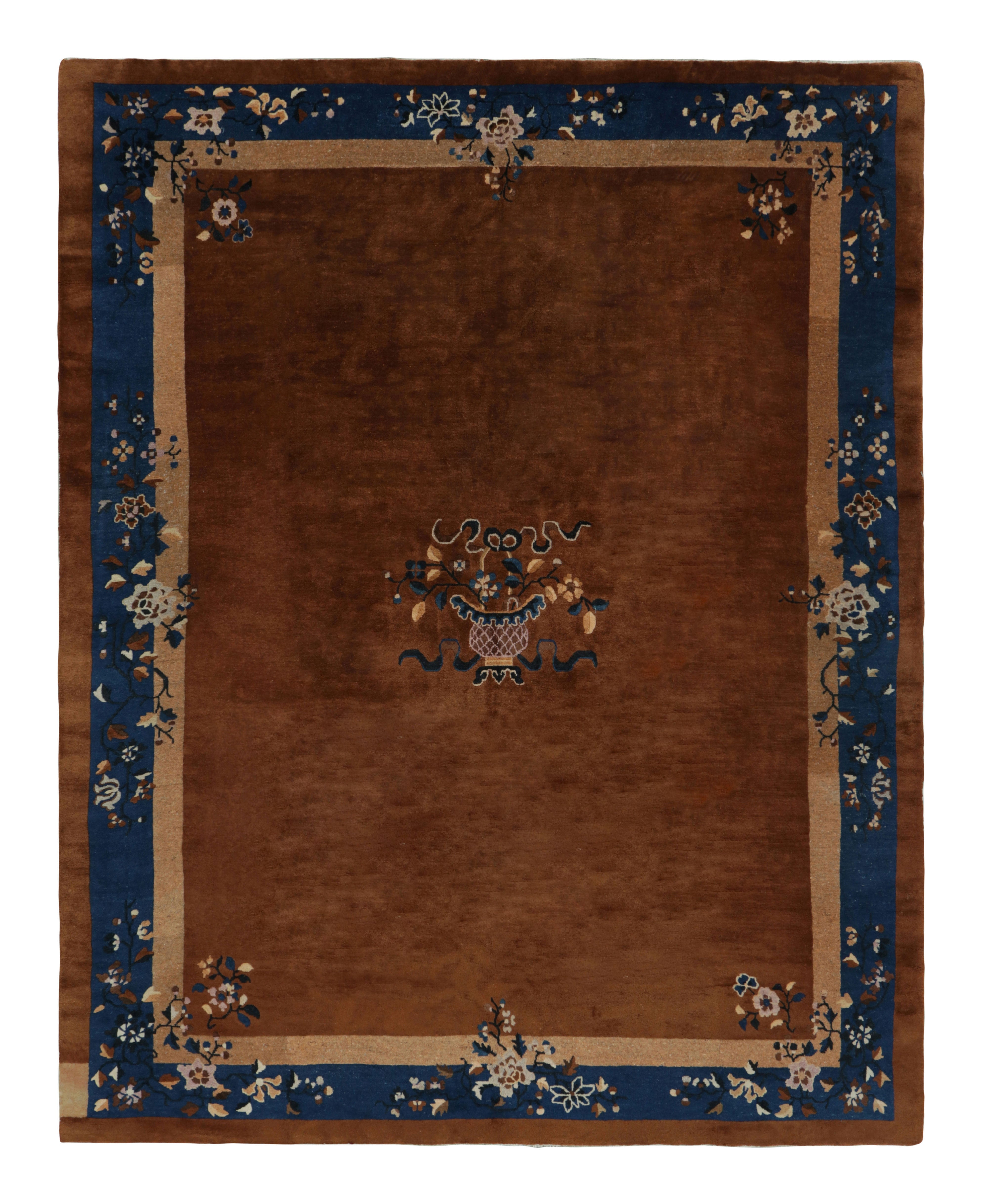 Antique Chinese Peking Rug in Brown and Blue with Floral Patterns - Rug & Kilim
