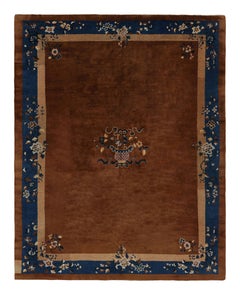 Antique Chinese Peking Rug in Brown and Blue with Floral Patterns - Rug & Kilim