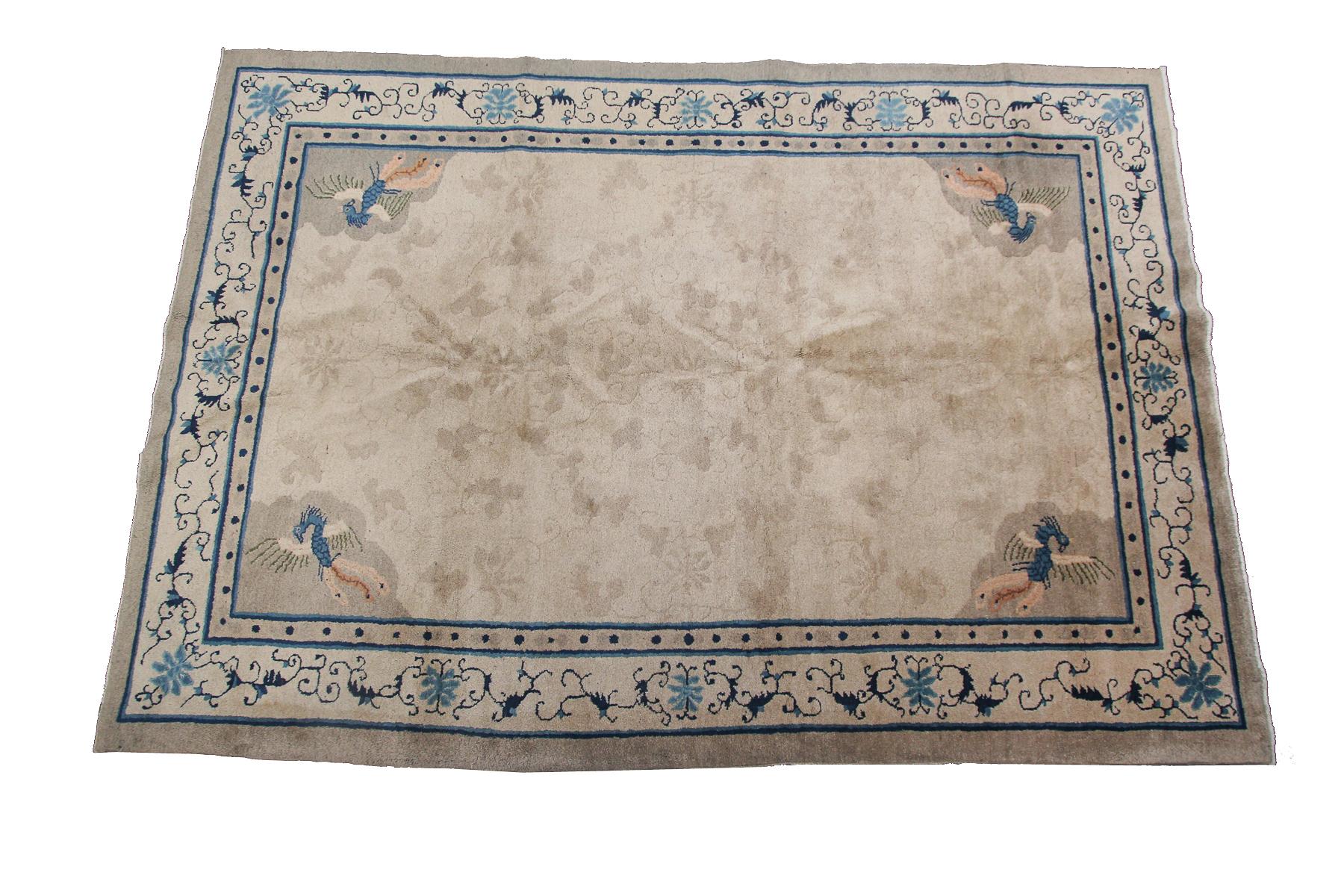 Inizio XX secolo Antico tappeto cinese Peking Peacock Beige 6x9 Antico tappeto Art Deco 1900 in vendita
