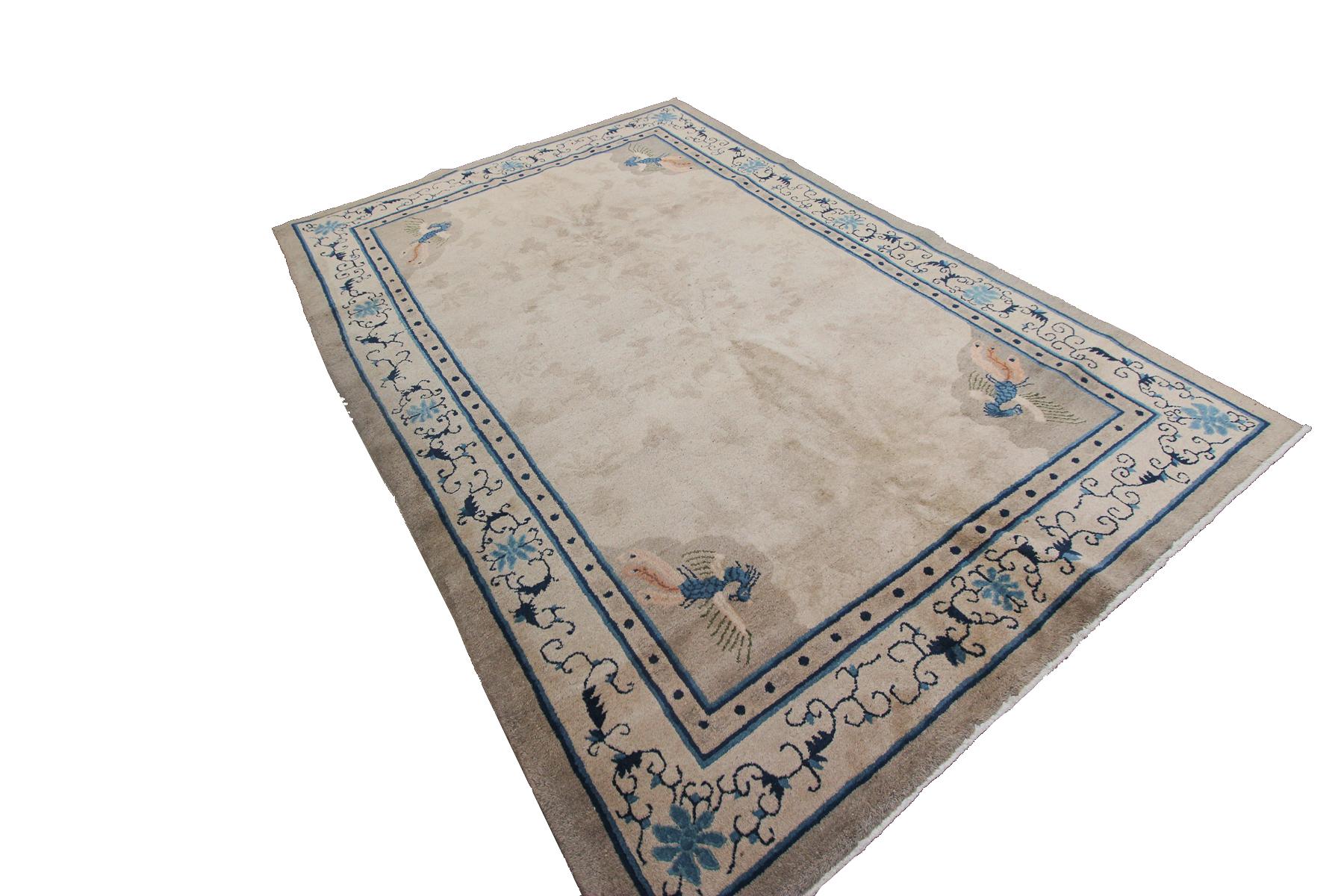 Lana Antico tappeto cinese Peking Peacock Beige 6x9 Antico tappeto Art Deco 1900 in vendita