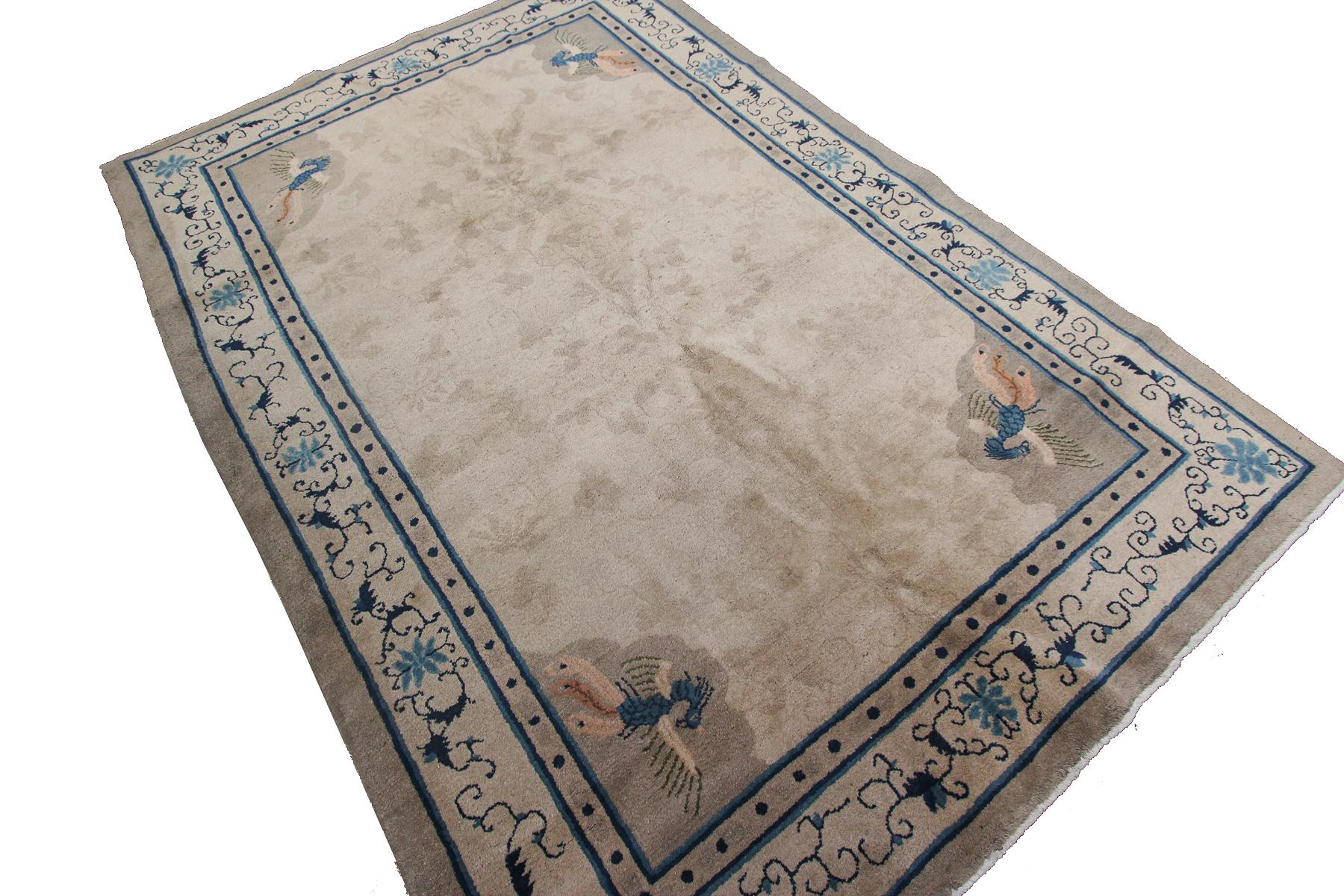 Antico tappeto cinese Peking Peacock Beige 6x9 Antico tappeto Art Deco 1900 in vendita 1