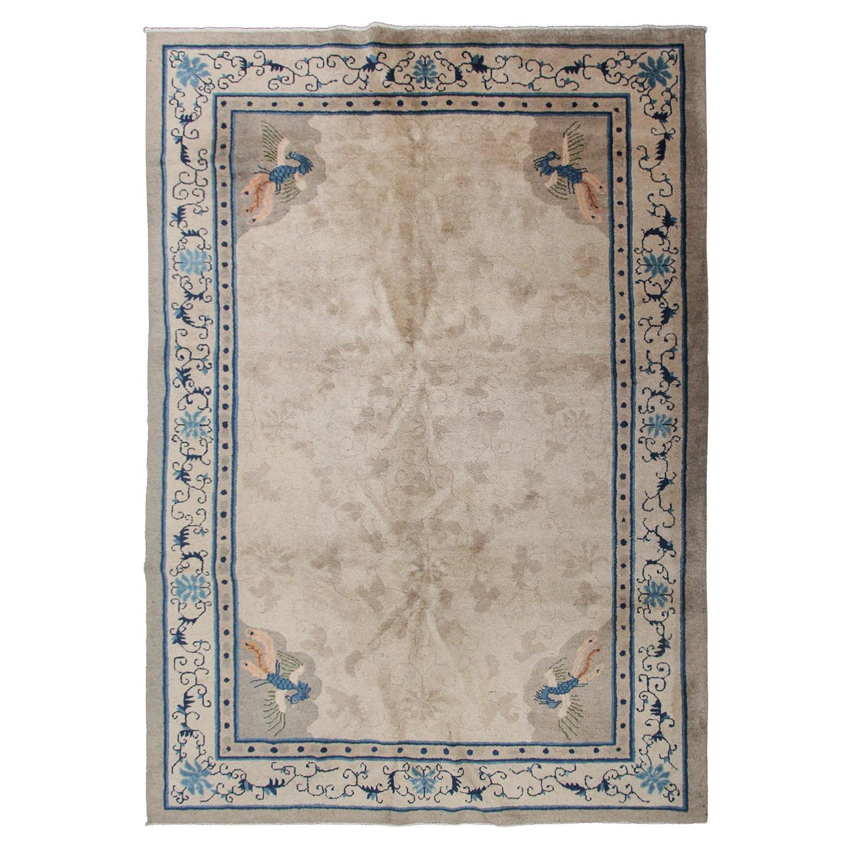 Antico tappeto cinese Peking Peacock Beige 6x9 Antico tappeto Art Deco 1900 in vendita