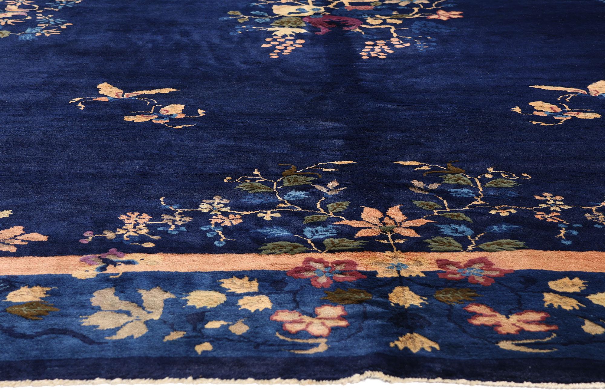 Wool 1920's Antique Blue Chinese Peking Carpet with Traditional Style For Sale