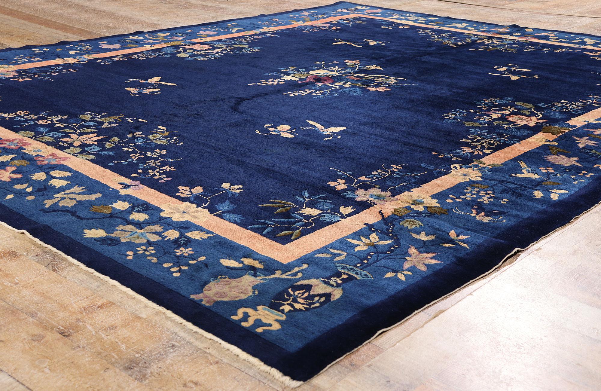Chinoiserie 1920's Antique Blue Chinese Peking Carpet with Traditional Style For Sale