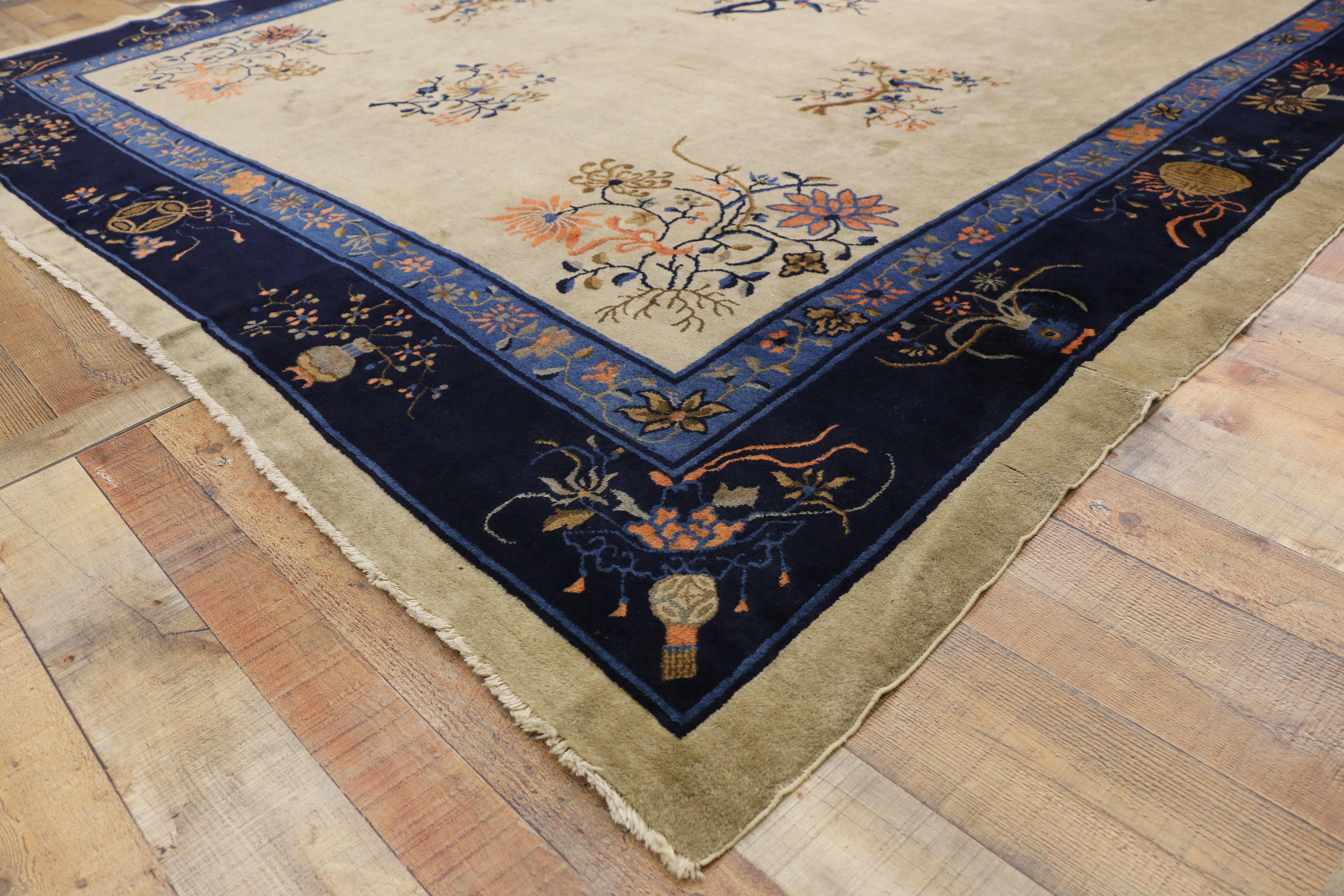 Antique Chinese Peking Rug, Chinoiserie Chic Meets Laid-Back Luxury In Good Condition For Sale In Dallas, TX