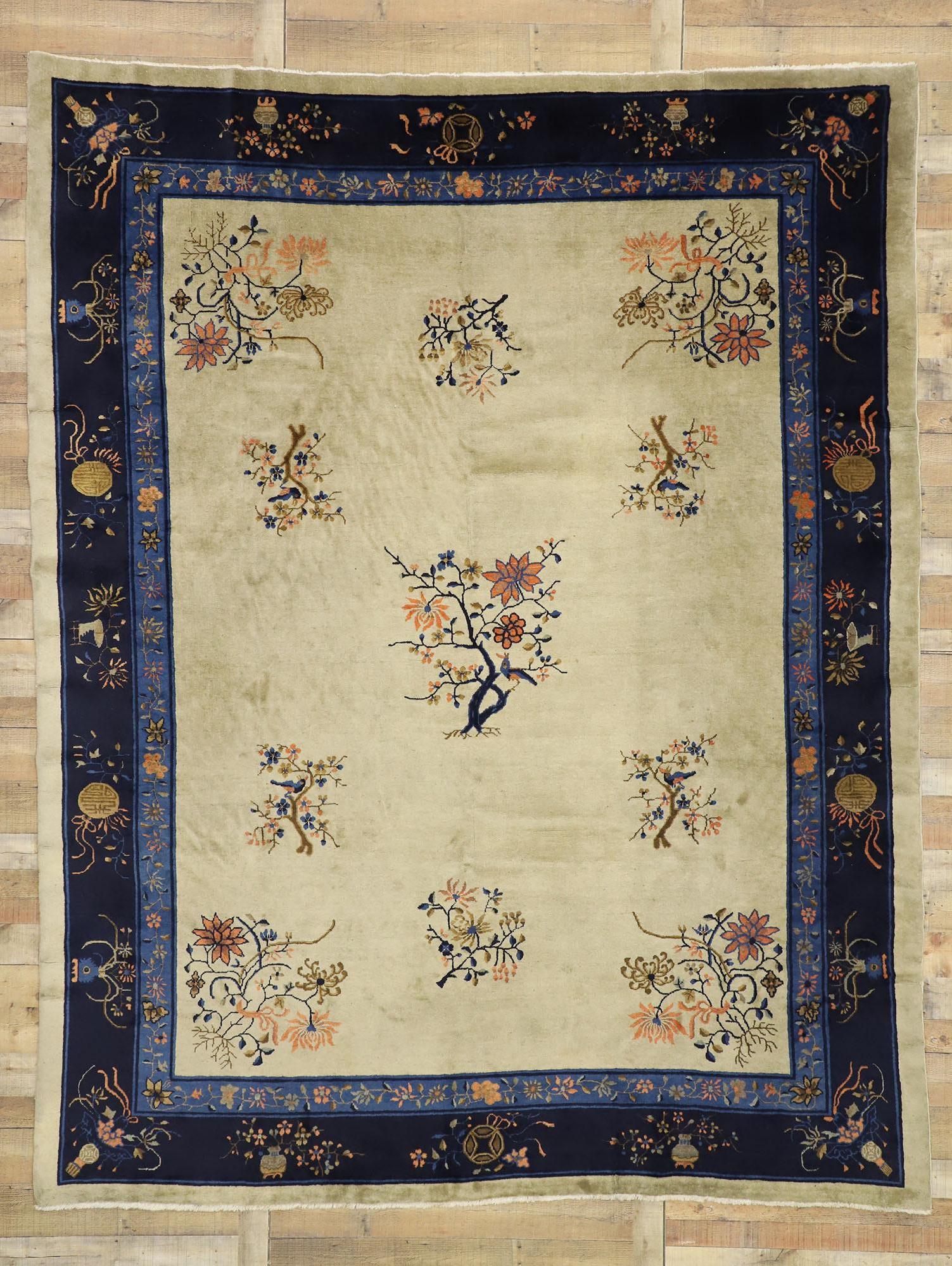 20th Century Antique Chinese Peking Rug, Chinoiserie Chic Meets Laid-Back Luxury For Sale