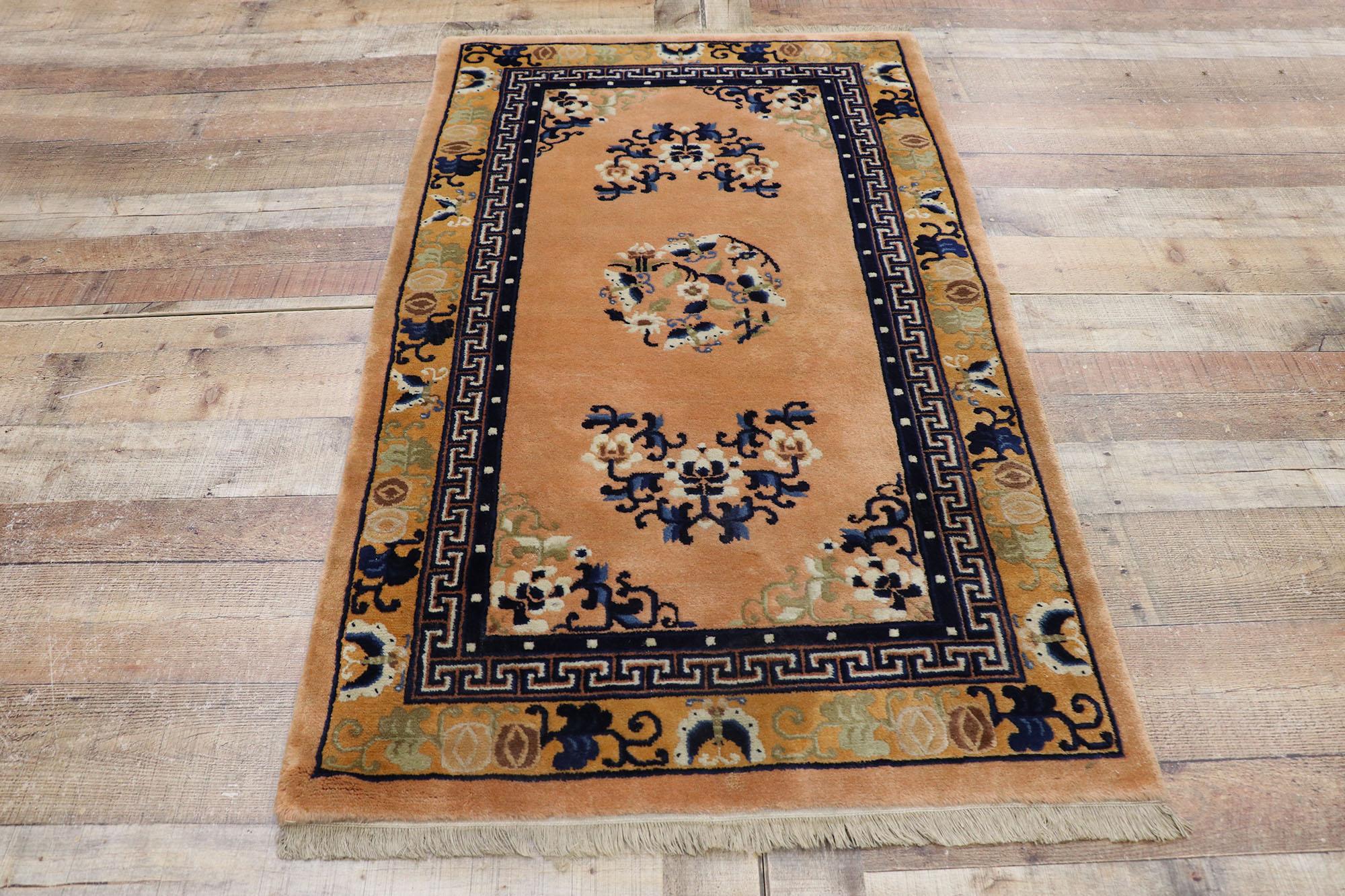 Wool Antique Chinese Peking Rug with Chinoiserie Chic Style For Sale