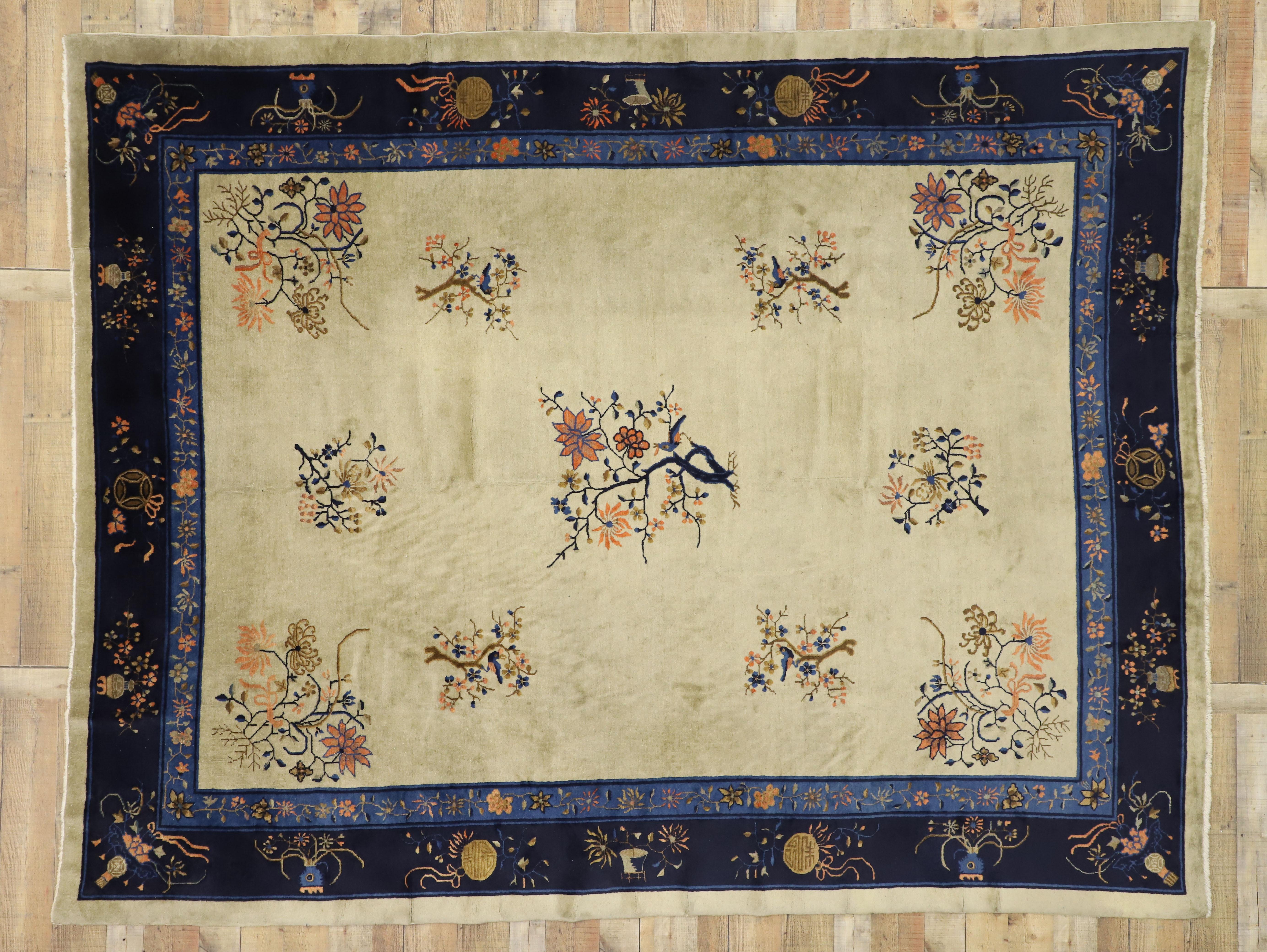 Wool Antique Chinese Peking Rug, Chinoiserie Chic Meets Laid-Back Luxury For Sale